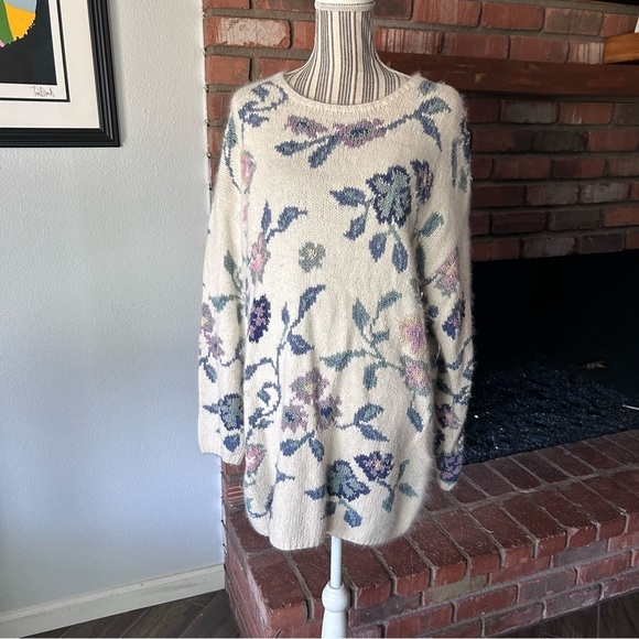 VTG Express Tricot 90s Angora Silk Floral Print Oversized Sweater Sz M - Picture 1 of 7
